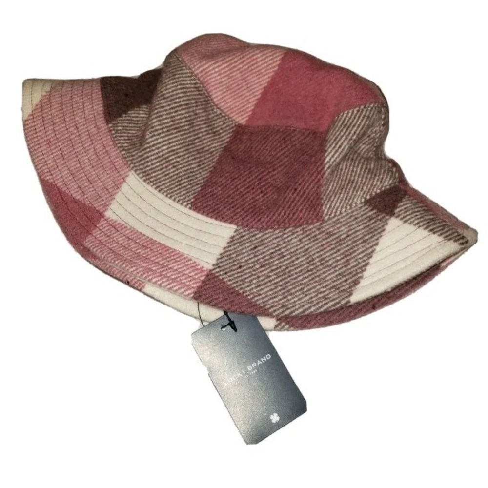 LUCKY BRAND Beach Pink Wine and Cream Plaid Bucket‎ Hat Cotton Blend OS NWT